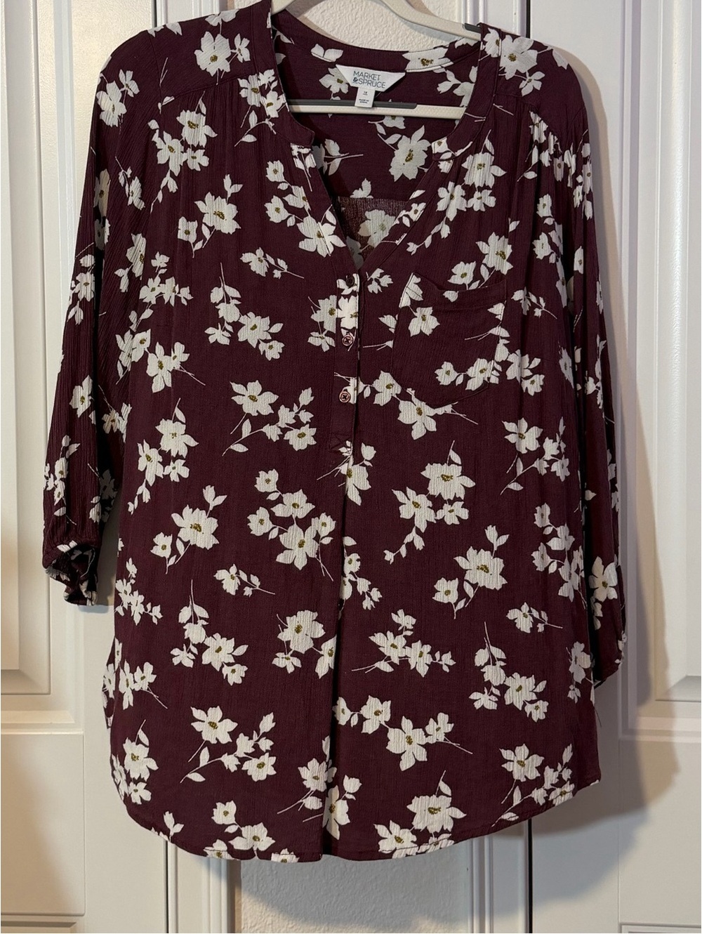 Market & Spruce Burgundy Floral Button-Front Blouse